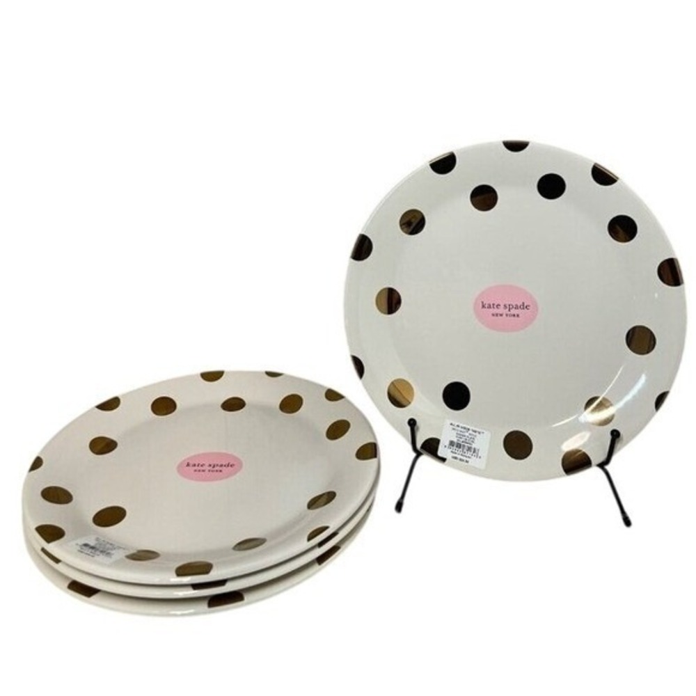 Kate Spade Plates "ALL IN GOOD TASTE" Polka Dot Gold‎ & White 4Pc. NEW!